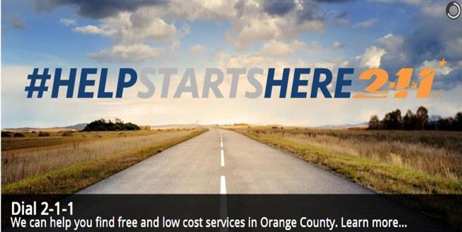 Country road fading into the distance with a cloudy sky and the words "#HelpStartsHere211" Dial 2-1-1. We can help you find free and low cost services in Orange County. Learn more...