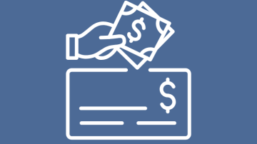 A white line graphic depicts a hand holding money and a financial check against a blue background.
