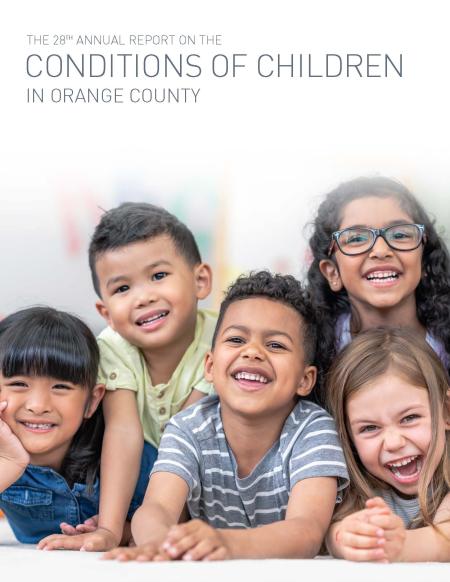 Five children smile on the cover of the 28th Annual Conditions of Children Report