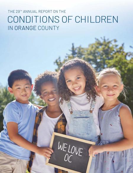Cover of the 29th Conditions of Children Report featuring four children holding a chalkboard …
